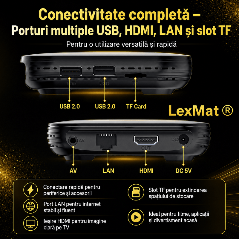 TV, Audio-Video si Foto - Portabile audio - Media Playere - TV Box, LexMat, Android 14, 8K, 4K HD, WiFi 6, Telecomanda Bluetooth, HDMI, Streaming, negru - Infinity.ro