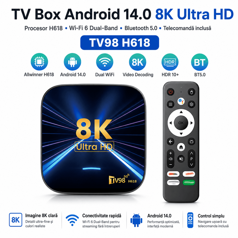 TV, Audio-Video si Foto - Portabile audio - Media Playere - TV Box, LexMat, Android 14, 8K, 4K HD, WiFi 6, Telecomanda Bluetooth, HDMI, Streaming, negru - Infinity.ro