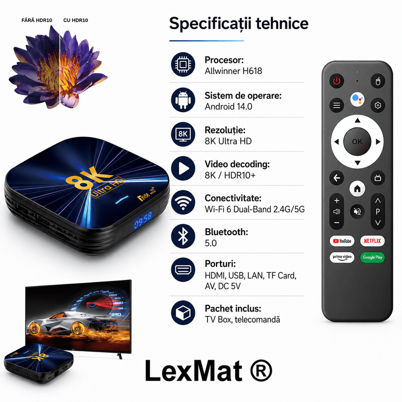 TV, Audio-Video si Foto - Portabile audio - Media Playere - TV Box, LexMat, Android 14, 8K, 4K HD, WiFi 6, Telecomanda Bluetooth, HDMI, Streaming, negru - Infinity.ro