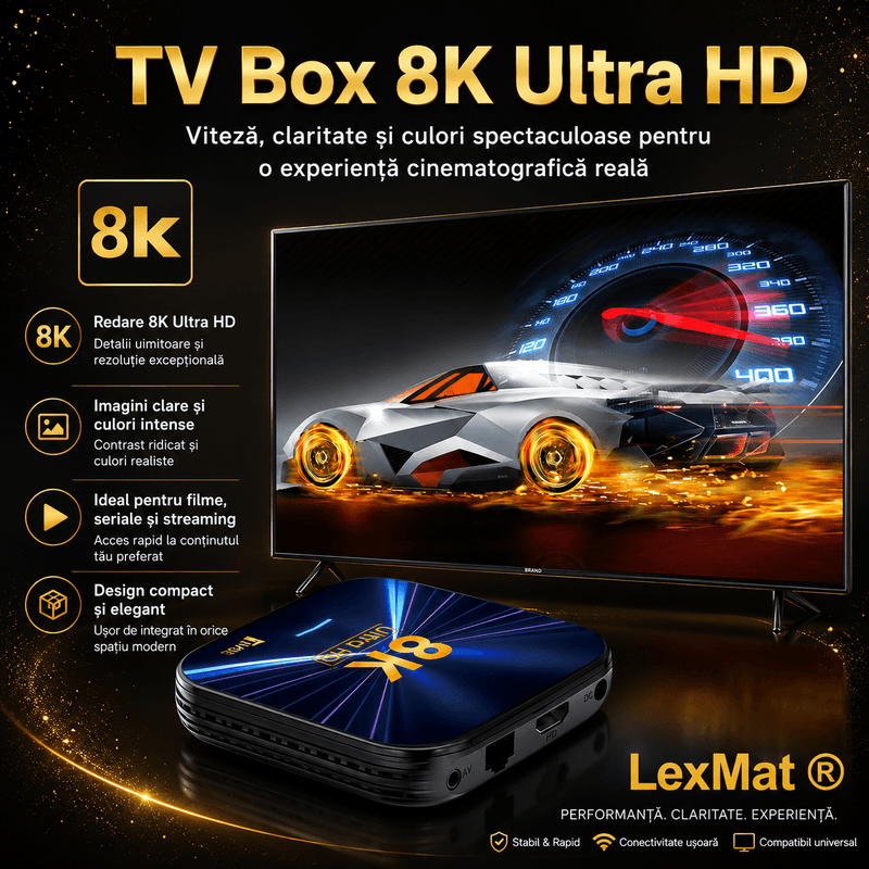 TV, Audio-Video si Foto - Portabile audio - Media Playere - TV Box, LexMat, Android 14, 8K, 4K HD, WiFi 6, Telecomanda Bluetooth, HDMI, Streaming, negru - Infinity.ro