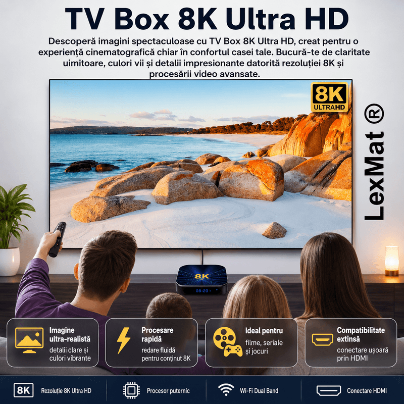 TV, Audio-Video si Foto - Portabile audio - Media Playere - TV Box, LexMat, Android 14, 8K, 4K HD, WiFi 6, Telecomanda Bluetooth, HDMI, Streaming, negru - Infinity.ro
