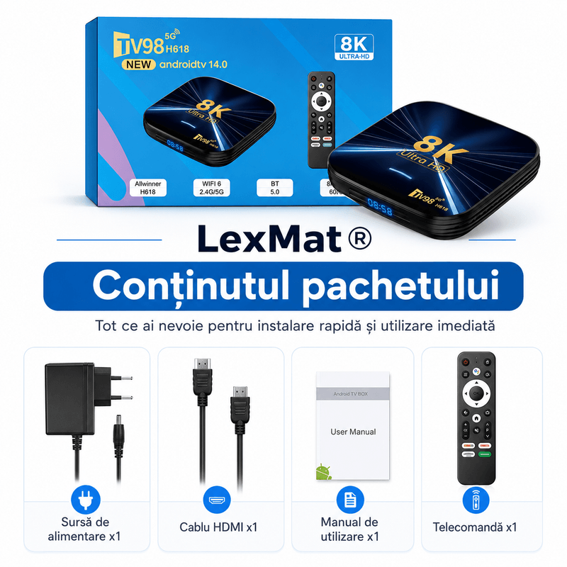 TV, Audio-Video si Foto - Portabile audio - Media Playere - TV Box, LexMat, Android 14, 8K, 4K HD, WiFi 6, Telecomanda Bluetooth, HDMI, Streaming, negru - Infinity.ro