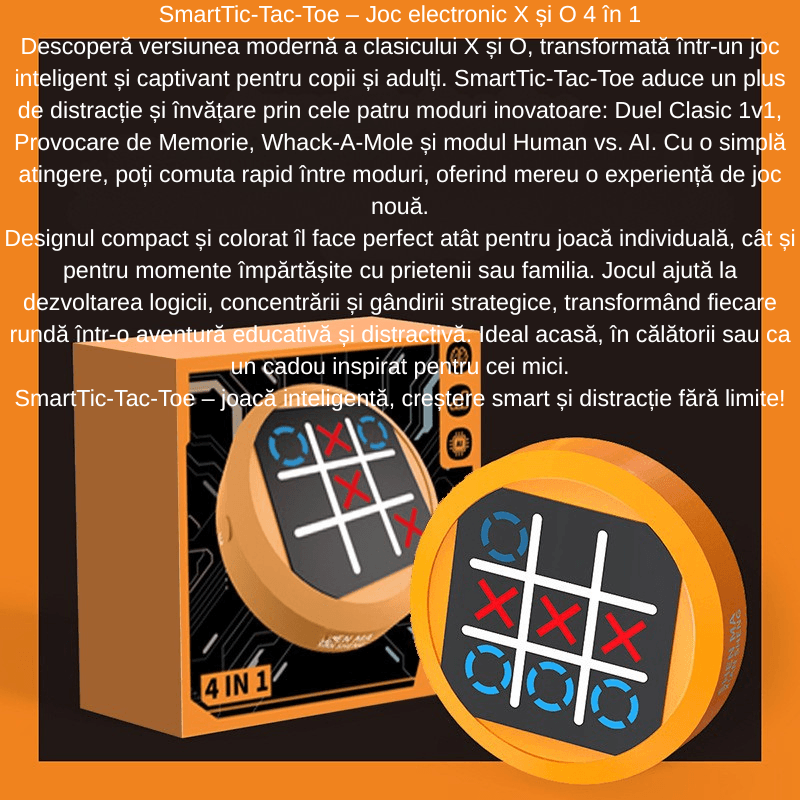 Jucarii, Copii si Bebe - Jucarii si jocuri - Jucarii & jocuri educative - Laptopuri, tablete si gadget-uri copii - Joc X si O LexMat SmartTic-Tac-Toe 4 in 1 Portocaliu, pentru 3+ ani, design compact, electronic, mod joc vs AI - Infinity.ro