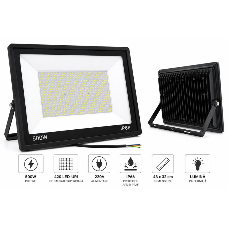Casa si Gradina - Corpuri si surse de iluminat - Iluminat comercial si industrial - Proiectoare si lampi de lucru - Proiector LED Exterior 500W, 420 LED-uri, Alimentare 220V, IP66, Rezistent la Apa si praf - Infinity.ro