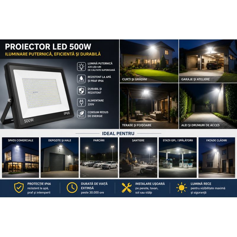 Casa si Gradina - Corpuri si surse de iluminat - Iluminat comercial si industrial - Proiectoare si lampi de lucru - Proiector LED Exterior 500W, 420 LED-uri, Alimentare 220V, IP66, Rezistent la Apa si praf - Infinity.ro