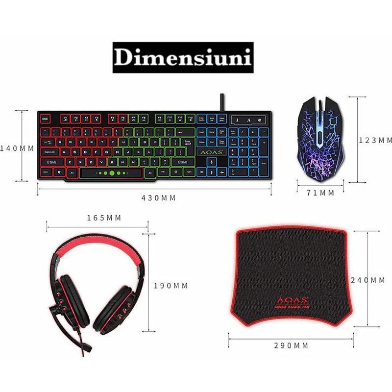 PC, gaming si accesorii - Periferice PC - Tastaturi - Set Gaming 4-in-1 cu Tastatura RGB, Mouse cu 6 Butoane, Casti cu Microfon si Mousepad, Negru - Infinity.ro