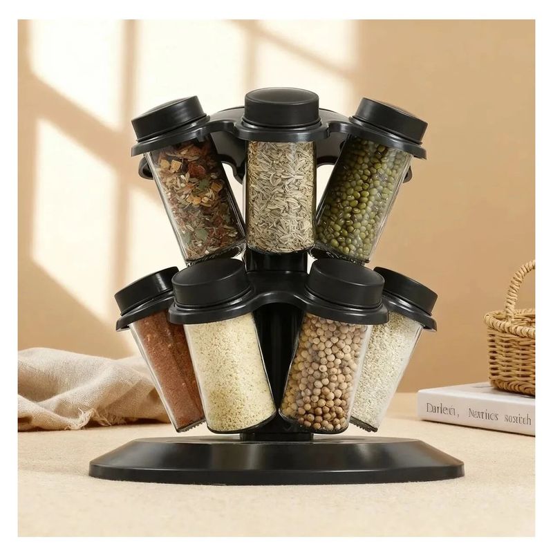 Casa si Gradina - Mobilier - Organizare si depozitare - Organizatoare pentru sertare si dulapuri - Organizator de Condimente cu 12 Borcane, Design Rotativ, Ideal pentru Bucatarie, Plastic, Negru - Infinity.ro