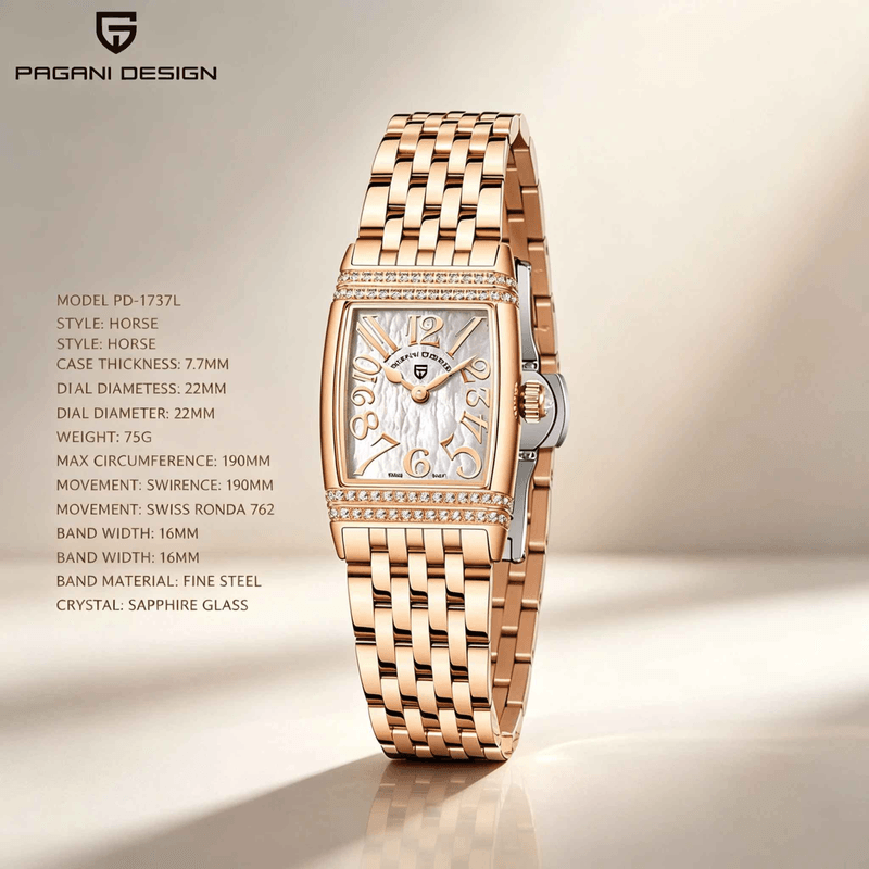 Fashion, accesorii si bijuterii - Femei - Bijuterii femei - Ceasuri femei - Ceas Dama PAGANI DESIGN PD-1737 Gold, Swiss Ronda 762, Safir, 50M, 22mm - Infinity.ro