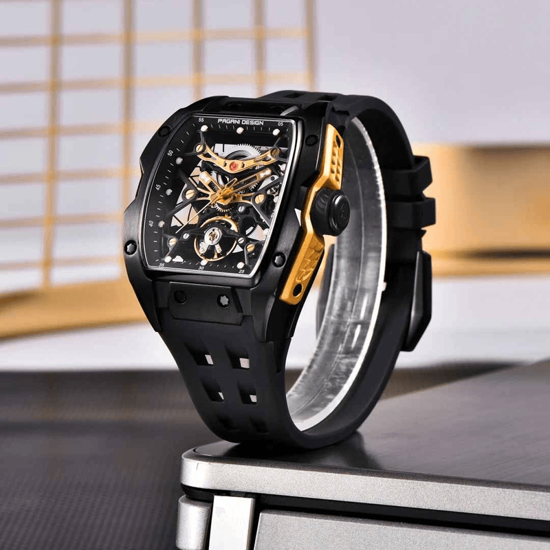 Fashion, accesorii si bijuterii - Barbati - Bijuterii barbati - Ceasuri barbati - Ceas Automatic PAGANI DESIGN PD-YS018 Black Gold Skeleton, Safir, 42mm, 50M - Infinity.ro