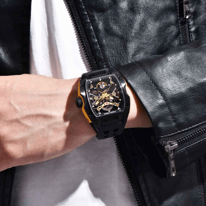 Fashion, accesorii si bijuterii - Barbati - Bijuterii barbati - Ceasuri barbati - Ceas Automatic PAGANI DESIGN PD-YS018 Black Gold Skeleton, Safir, 42mm, 50M - Infinity.ro