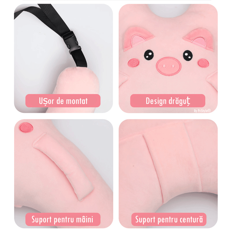 Auto si Moto - Piese auto si accesorii - Interior auto - Accesorii interior - Perna de Gat si Suport Corp pentru Copii, Pernuta Auto Porcusor, Roz, 42x56 cm - Infinity.ro