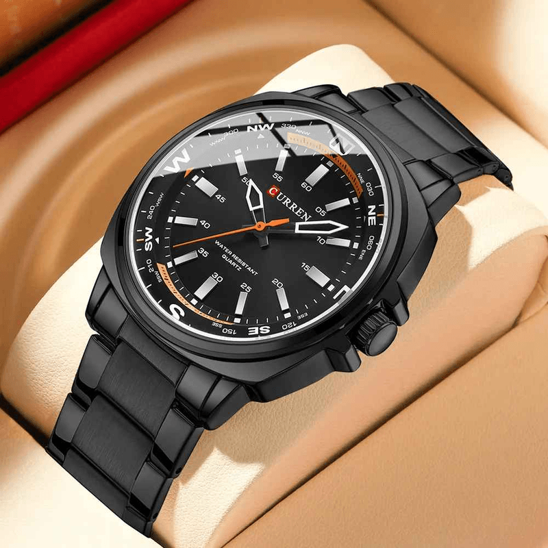 Fashion, accesorii si bijuterii - Barbati - Bijuterii barbati - Ceasuri barbati - Ceas Barbati CURREN 8455 Negru cu Accente Portocalii 41 mm Quartz, Bratara din Otel Inoxidabil, Rezistent la Apa 3ATM - Infinity.ro