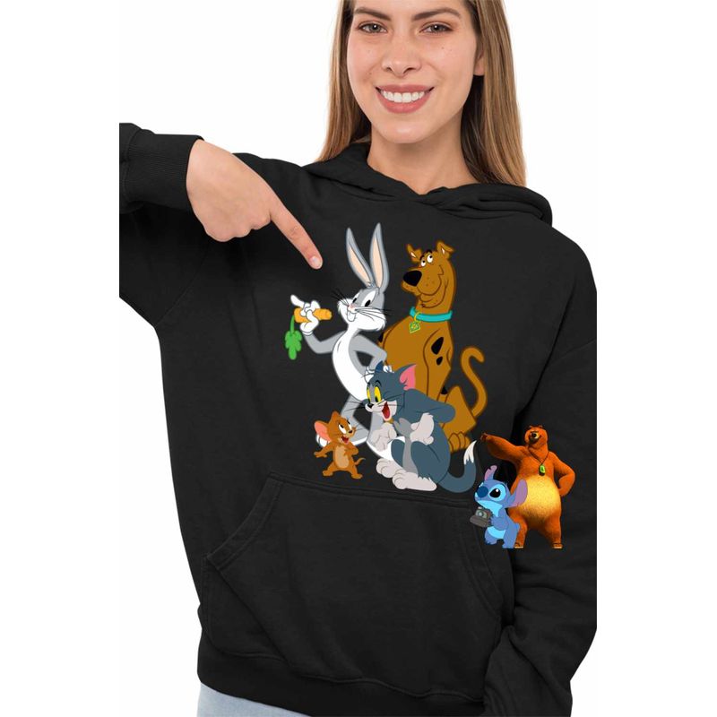 Fashion, accesorii si bijuterii - Femei - Imbracaminte femei - Hanorace femei - Hanorac Femei Tom Jeryy Scooby Doo Bugs Bunny, negru, marime L - Infinity.ro