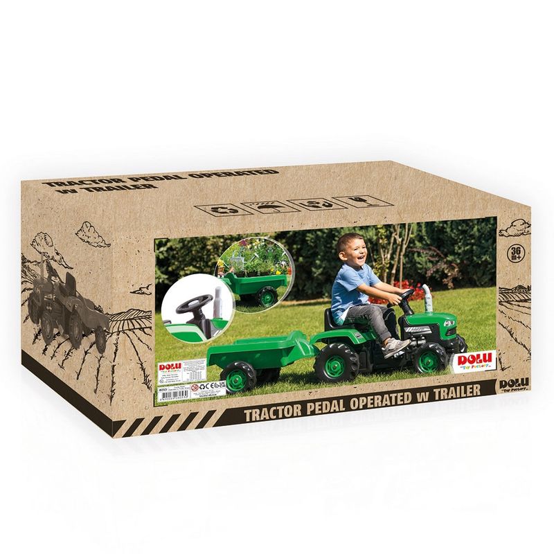 Jucarii, Copii si Bebe - Jucarii si jocuri - Jucarii de exterior - Masinute si vehicule pentru copii - Tractor cu Pedale si Remorca Detasabila Dolu Verde 143 cm, Volan cu Claxon, Transmisie cu Lant Protejata - Infinity.ro