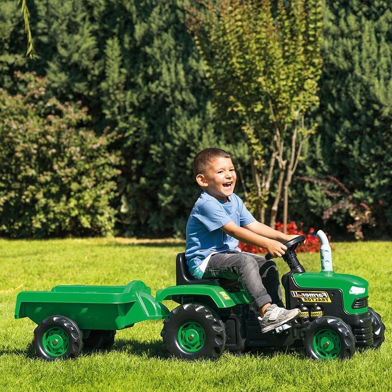 Jucarii, Copii si Bebe - Jucarii si jocuri - Jucarii de exterior - Masinute si vehicule pentru copii - Tractor cu Pedale si Remorca Detasabila Dolu Verde 143 cm, Volan cu Claxon, Transmisie cu Lant Protejata - Infinity.ro