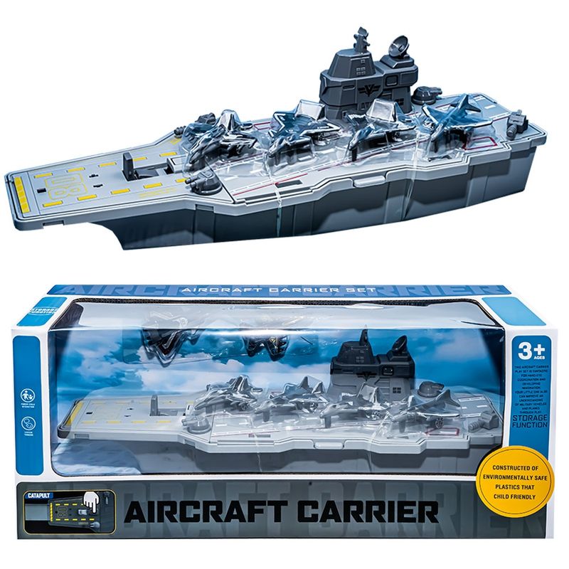 Jucarii, Copii si Bebe - Jucarii si jocuri - Vehicule si jucarii cu telecomanda - Elicoptere, avioane si nave de jucarie - Set de Joaca Militar Portavion de Jucarie cu Catapulta 34.5 cm, 6 Avioane de Vanatoare, 5 Soldati, Drone si Accesorii - Infinity.ro