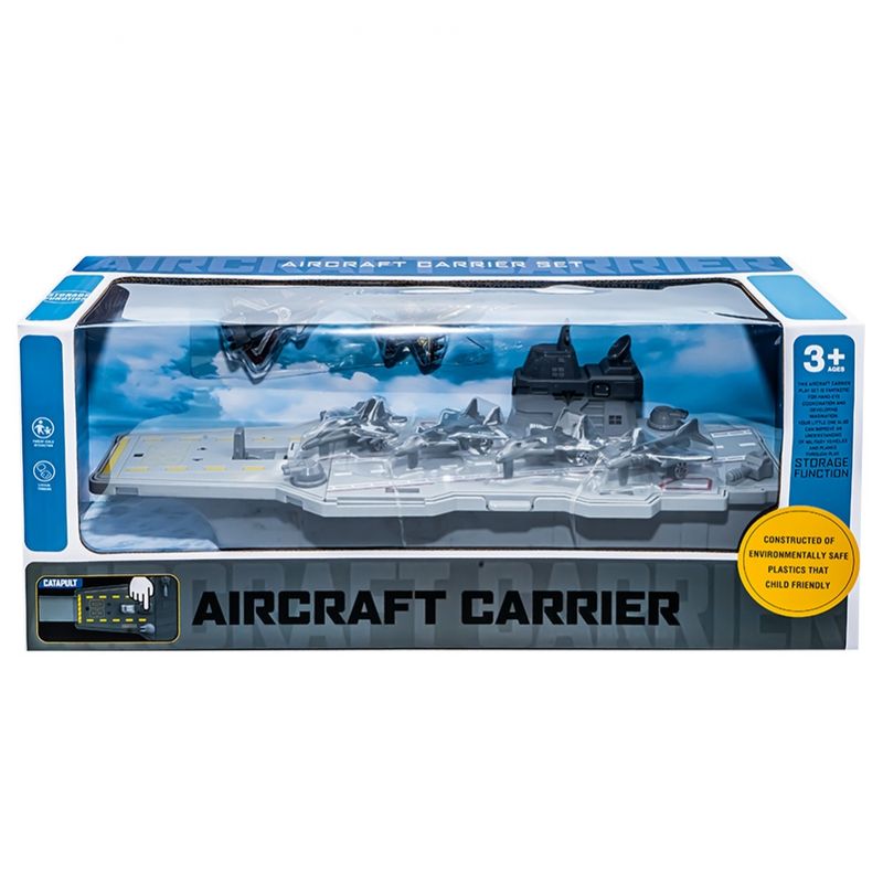 Jucarii, Copii si Bebe - Jucarii si jocuri - Vehicule si jucarii cu telecomanda - Elicoptere, avioane si nave de jucarie - Set de Joaca Militar Portavion de Jucarie cu Catapulta 34.5 cm, 6 Avioane de Vanatoare, 5 Soldati, Drone si Accesorii - Infinity.ro