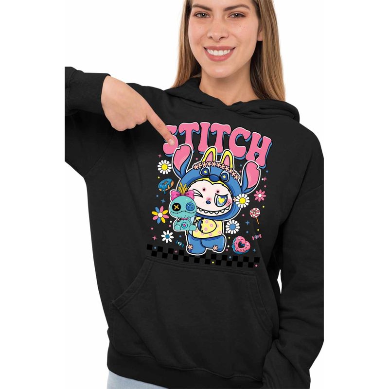 Fashion, accesorii si bijuterii - Femei - Imbracaminte femei - Hanorace femei - Hanorac Femei Labubu Stitch Stich, negru, marime S - Infinity.ro
