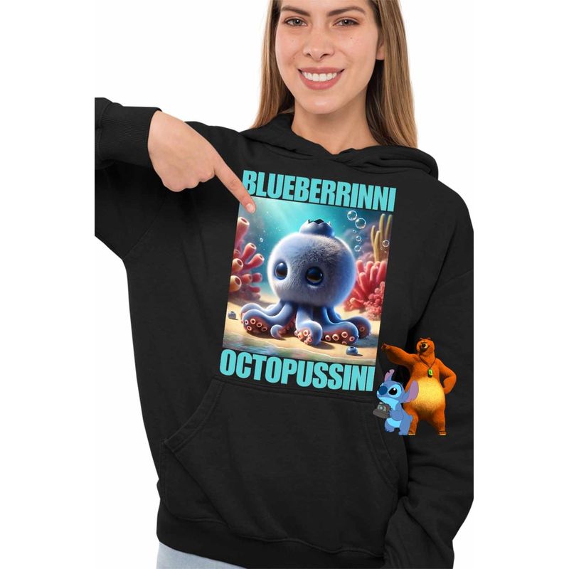 Fashion, accesorii si bijuterii - Femei - Imbracaminte femei - Hanorace femei - Hanorac Femei Blueberrinni Octopussini Italian Meme Brainrot Brain Rot, negru, marime S - Infinity.ro