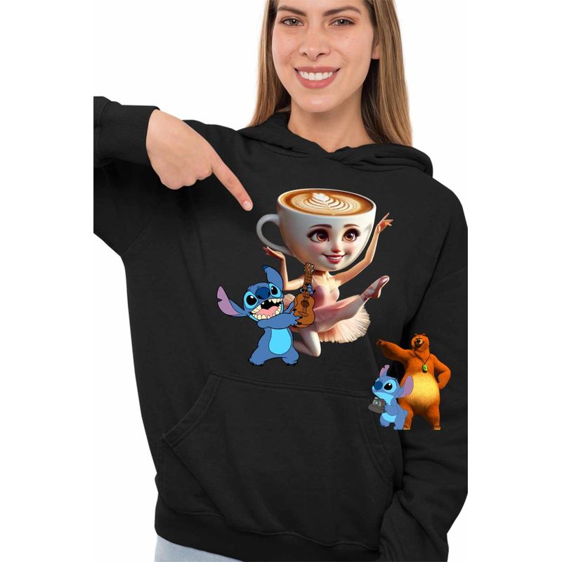 Fashion, accesorii si bijuterii - Femei - Imbracaminte femei - Hanorace femei - Hanorac Femei Stitch Balerina Cappucina Tiktok, negru, marime S - Infinity.ro