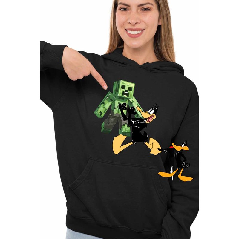Fashion, accesorii si bijuterii - Femei - Imbracaminte femei - Hanorace femei - Hanorac Femei Daffy Duck Minecraft Creeper, negru, marime S - Infinity.ro