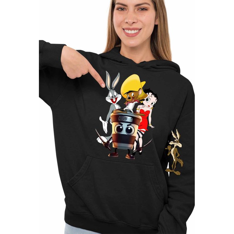Fashion, accesorii si bijuterii - Femei - Imbracaminte femei - Hanorace femei - Hanorac Femei Speedy Gonzales Capucino Asasino Bugs Bunny Betty Boop, negru, marime S - Infinity.ro