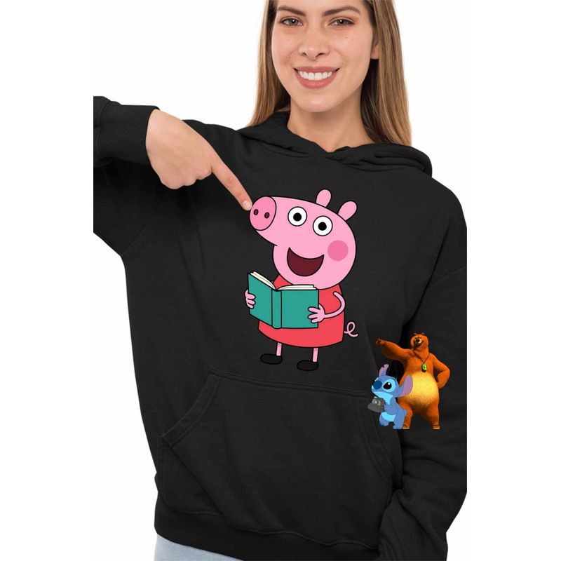 Fashion, accesorii si bijuterii - Femei - Imbracaminte femei - Hanorace femei - Hanorac Femei Purcelusa Peppa Pig Citeste Carte, negru, marime S - Infinity.ro