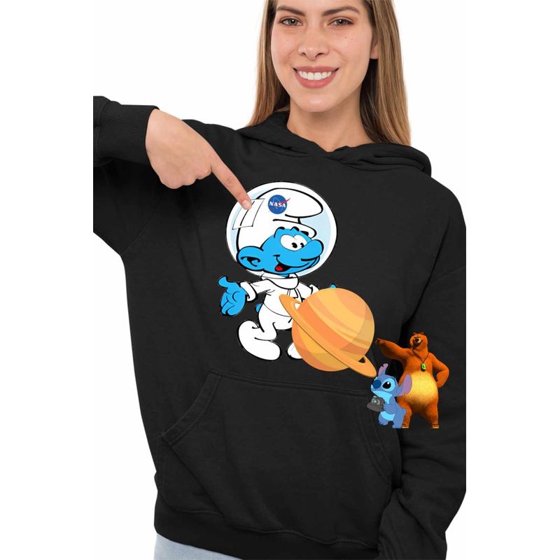 Fashion, accesorii si bijuterii - Femei - Imbracaminte femei - Hanorace femei - Hanorac Femei Strumfii Astronaut Saturn Nasa, negru, marime S - Infinity.ro