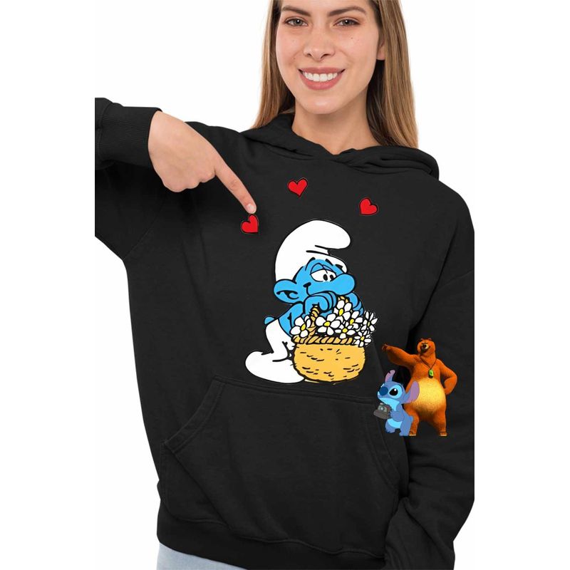 Fashion, accesorii si bijuterii - Femei - Imbracaminte femei - Hanorace femei - Hanorac Femei Strumfii Indragostit Dragobete Valentine Day, negru, marime S - Infinity.ro
