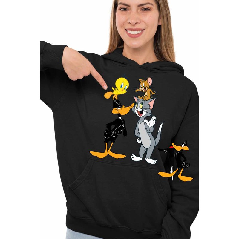 Fashion, accesorii si bijuterii - Femei - Imbracaminte femei - Hanorace femei - Hanorac Femei Daffy Duck Tom Jerry Tweety, negru, marime S - Infinity.ro