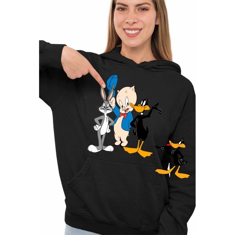 Fashion, accesorii si bijuterii - Femei - Imbracaminte femei - Hanorace femei - Hanorac Femei Daffy Duck Bugs Bunny Porky Pig, negru, marime S - Infinity.ro