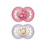 Jucarii, Copii si Bebe - Hrana si alaptare - Biberoane, suzete si accesorii hranire - Suzete si accesorii - Set suzete noapte 6+ pentru fete, ortodontic, silicon MAM SkinSoft, cu cutie de sterilizare, roz/mov - Infinity.ro