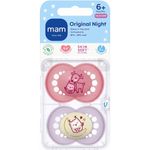 Jucarii, Copii si Bebe - Hrana si alaptare - Biberoane, suzete si accesorii hranire - Suzete si accesorii - Set suzete noapte 6+ pentru fete, ortodontic, silicon MAM SkinSoft, cu cutie de sterilizare, roz/mov - Infinity.ro