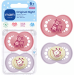 Jucarii, Copii si Bebe - Hrana si alaptare - Biberoane, suzete si accesorii hranire - Suzete si accesorii - Set suzete noapte 6+ pentru fete, ortodontic, silicon MAM SkinSoft, cu cutie de sterilizare, roz/mov - Infinity.ro