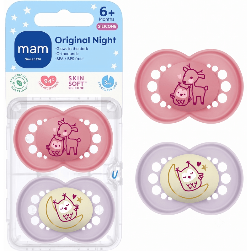 Jucarii, Copii si Bebe - Hrana si alaptare - Biberoane, suzete si accesorii hranire - Suzete si accesorii - Set suzete noapte 6+ pentru fete, ortodontic, silicon MAM SkinSoft, cu cutie de sterilizare, roz/mov - Infinity.ro