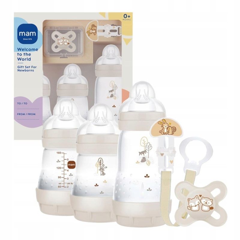 Jucarii, Copii si Bebe - Hrana si alaptare - Biberoane, suzete si accesorii hranire - Suzete si accesorii - Set biberon cu suzeta si clip, MAM, pentru nou-nascuti 0-2 luni, gri - Infinity.ro