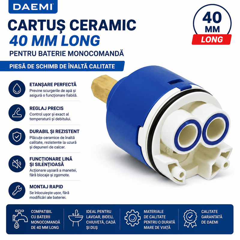 Casa si Gradina - Sanitare - Lavoar baie si accesorii - Accesorii baterii sanitare - Cartus ceramic Daemi 40 mm Long pentru baterie monocomanda, piesa de schimb, compatibil baie, bucatarie si bideu - Infinity.ro