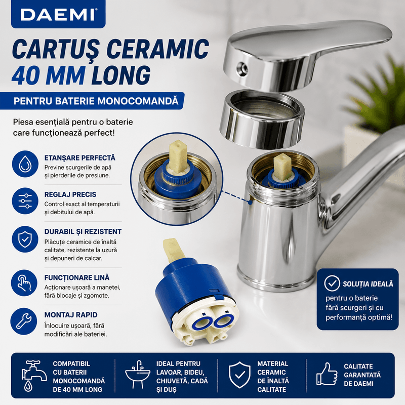 Casa si Gradina - Sanitare - Lavoar baie si accesorii - Accesorii baterii sanitare - Cartus ceramic Daemi 40 mm Long pentru baterie monocomanda, piesa de schimb, compatibil baie, bucatarie si bideu - Infinity.ro