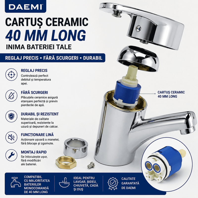 Casa si Gradina - Sanitare - Lavoar baie si accesorii - Accesorii baterii sanitare - Cartus ceramic Daemi 40 mm Long pentru baterie monocomanda, piesa de schimb, compatibil baie, bucatarie si bideu - Infinity.ro