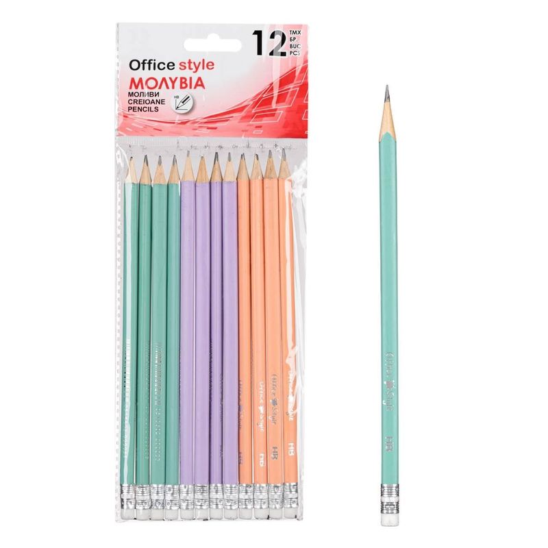 Carti si Birotica - Birotica - Instrumente de scris - Creioane - Set 12 creioane HB triunghiulare cu radiera, culori lila, verde si somon - Infinity.ro