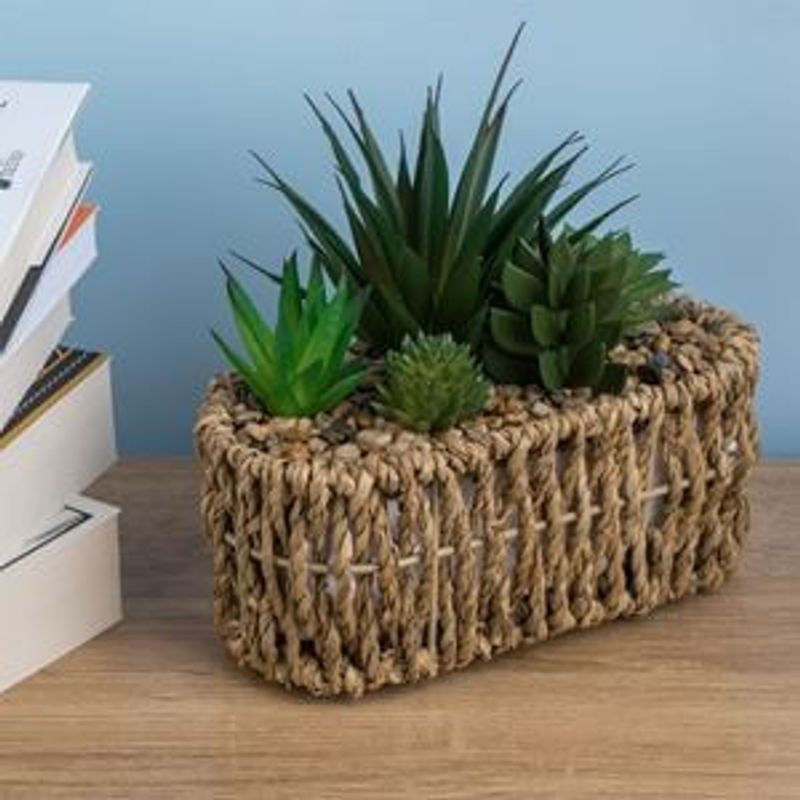 Casa si Gradina - Decoratiuni - Obiecte decorative - Plante artificiale - Ghiveci decorativ oval din paie cu 5 plante artificiale, 19x8x17cm, verde - Infinity.ro