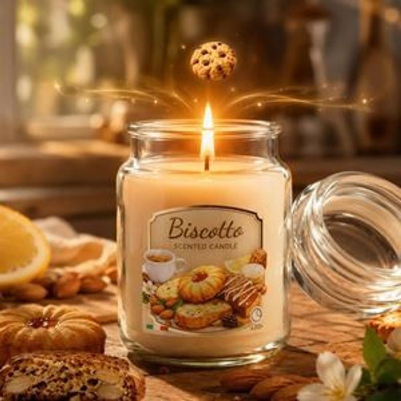 Casa si Gradina - Decoratiuni - Aromaterapie si lumanari - Lumanari si candele - Lumanare parfumata ecru cu aroma de biscuiti in recipient din sticla cu capac, 9,5x17 cm, 80 ore ardere - Infinity.ro