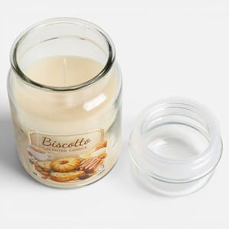 Casa si Gradina - Decoratiuni - Aromaterapie si lumanari - Lumanari si candele - Lumanare parfumata ecru cu aroma de biscuiti in recipient din sticla cu capac, 9,5x17 cm, 80 ore ardere - Infinity.ro