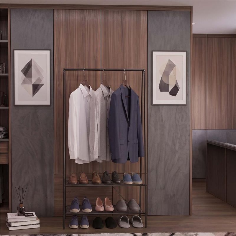 Casa si Gradina - Mobilier - Organizare si depozitare - Cuiere - Suport metalic pentru haine cu bara si 2 rafturi, structura otel, 60x34x150 cm, negru - Infinity.ro