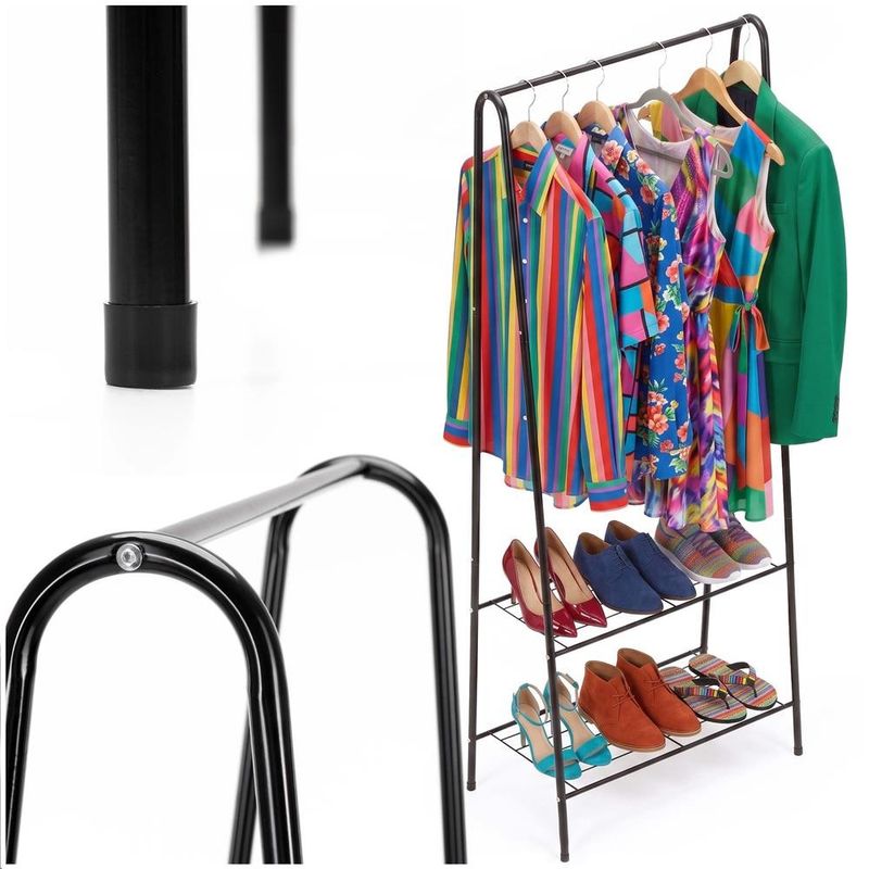 Casa si Gradina - Mobilier - Organizare si depozitare - Cuiere - Suport metalic pentru haine cu bara si 2 rafturi, structura otel, 60x34x150 cm, negru - Infinity.ro