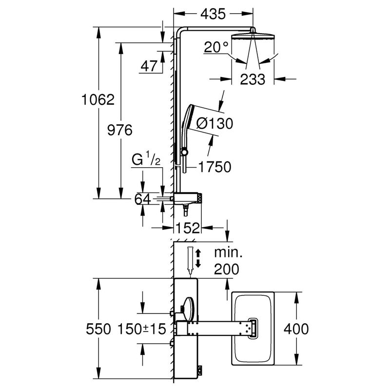 Casa si Gradina - Sanitare - Cazi si cabine de dus - Coloane si seturi de dus - Sistem de dus Grohe 100962DL00 SPA Aqua Pure, termostat, palarie dus 400 mm, 3 functii para dus, cupru mat - Infinity.ro