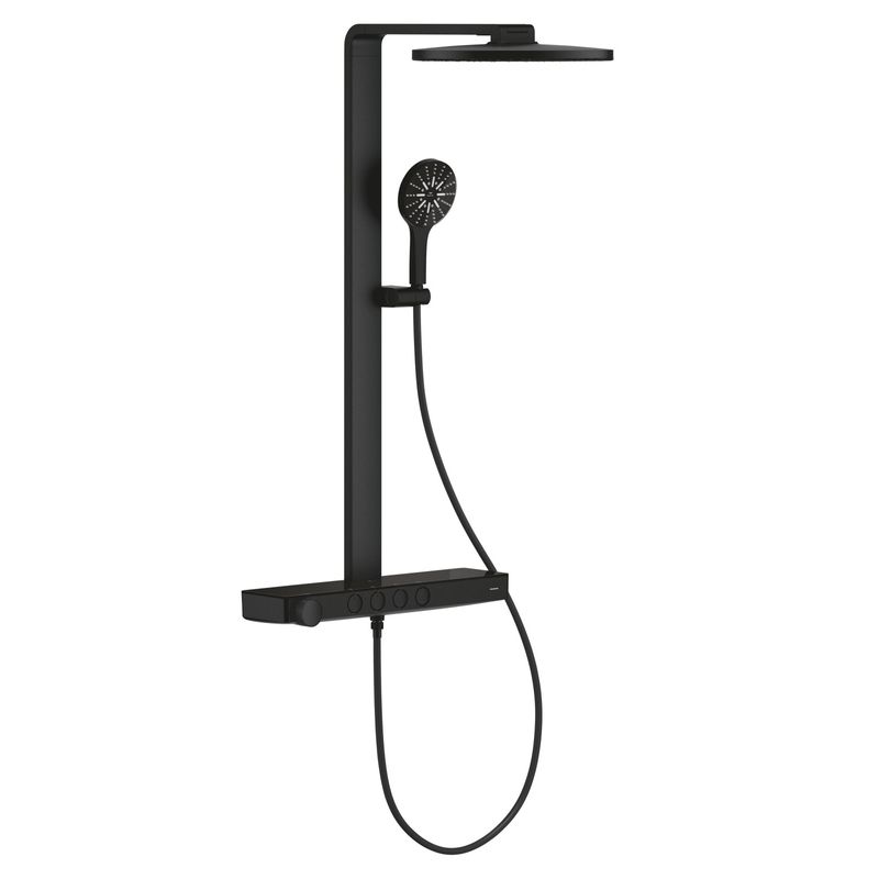 Casa si Gradina - Sanitare - Cazi si cabine de dus - Coloane si seturi de dus - Sistem de dus Grohe 101680KF00 SPA Aqua Pure, termostat, palarie dus 360 mm, 3 functii para dus, negru mat - Infinity.ro