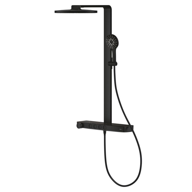 Casa si Gradina - Sanitare - Cazi si cabine de dus - Coloane si seturi de dus - Sistem de dus Grohe 101680KF00 SPA Aqua Pure, termostat, palarie dus 360 mm, 3 functii para dus, negru mat - Infinity.ro