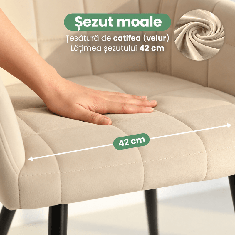 Casa si Gradina - Mobilier - Scaune si fotolii - Scaune - Set 2 scaune dining tapitate cu velur Luxano, cusaturi patrate, 54x58x82 cm, bej deschis - Infinity.ro