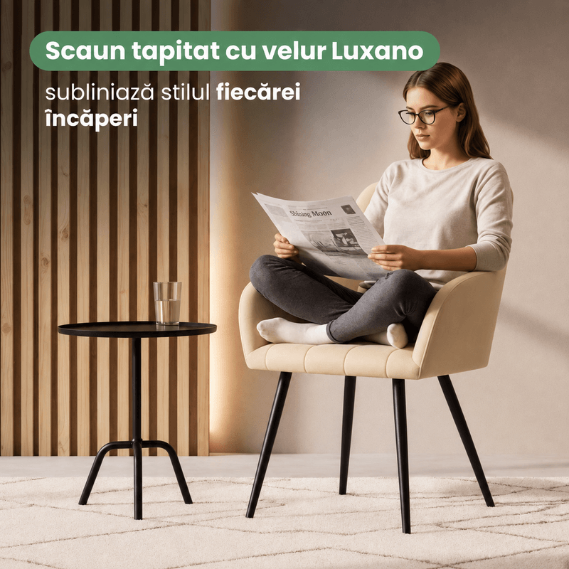 Casa si Gradina - Mobilier - Scaune si fotolii - Scaune - Set 2 scaune dining tapitate cu velur Luxano, cusaturi patrate, 54x58x82 cm, bej deschis - Infinity.ro
